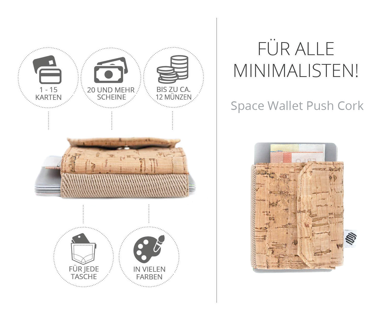 Unser nachhaltiges, veganes Slim Wallet mit Münzfach: Space Wallet Push Cork